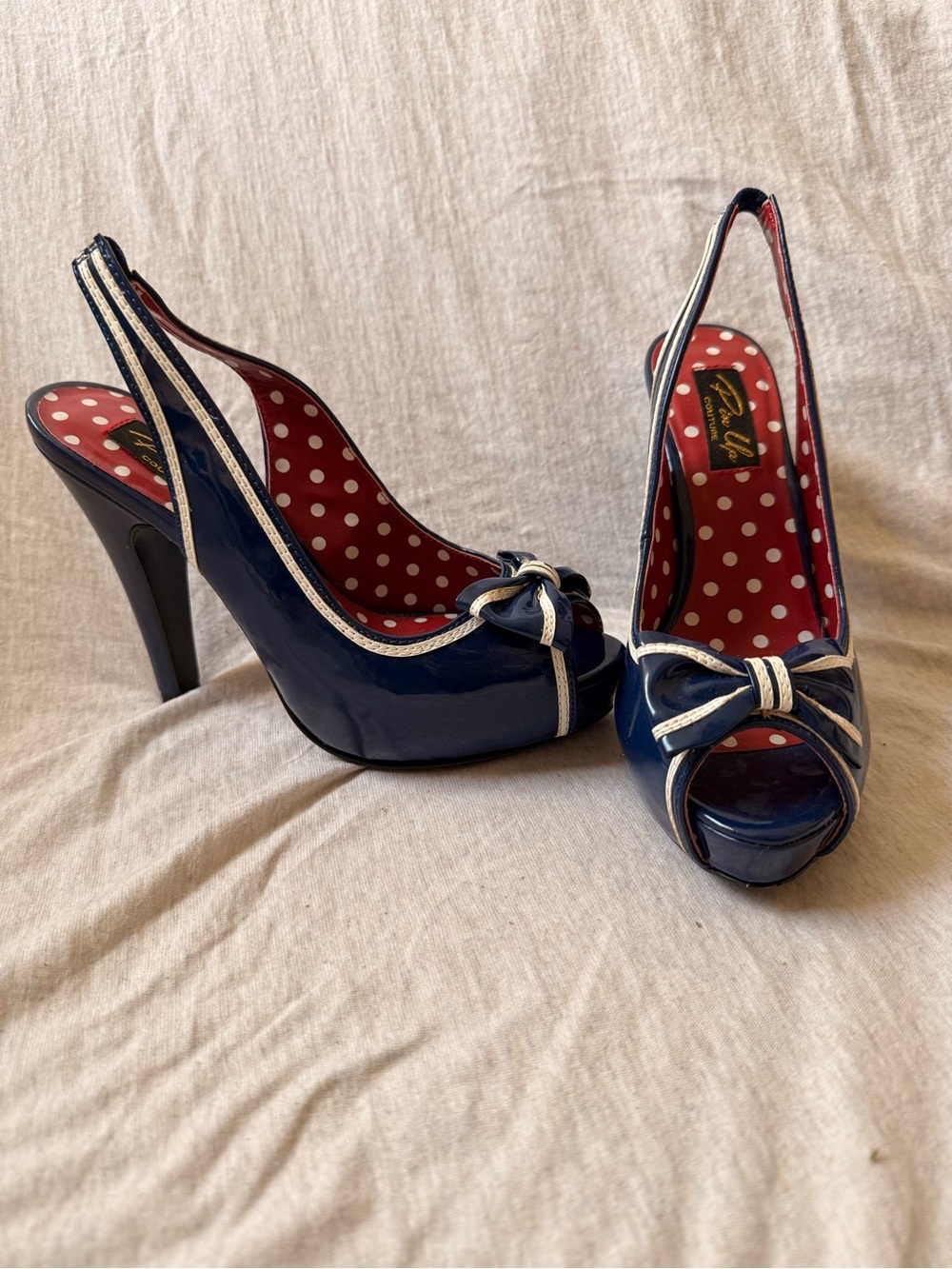 Pinup Couture Navy Patent Peep-Toe Slingback Heels with White Trim